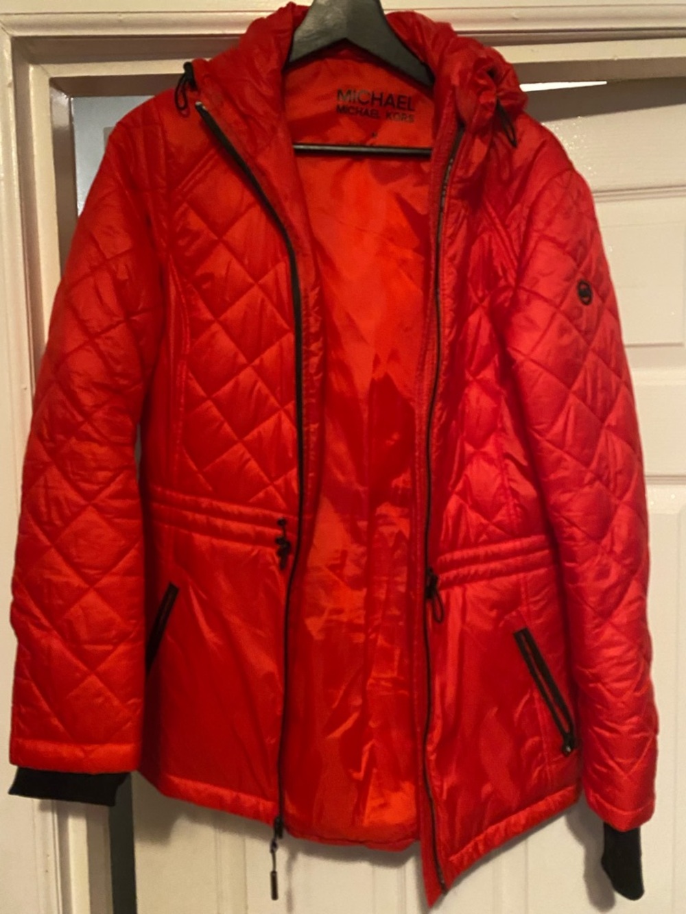 Michael Kors Quilted Red Hooded Puffer Jacket